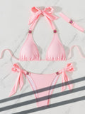Solid Color Split Two Piece Set Bikini Sexy Strap Headwear Women Swimsuit T Back Swimwear