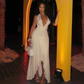 Women Clothing Waist Slimming Solid Color Hip V neck Pleated Draped Chest Wrapped Dress