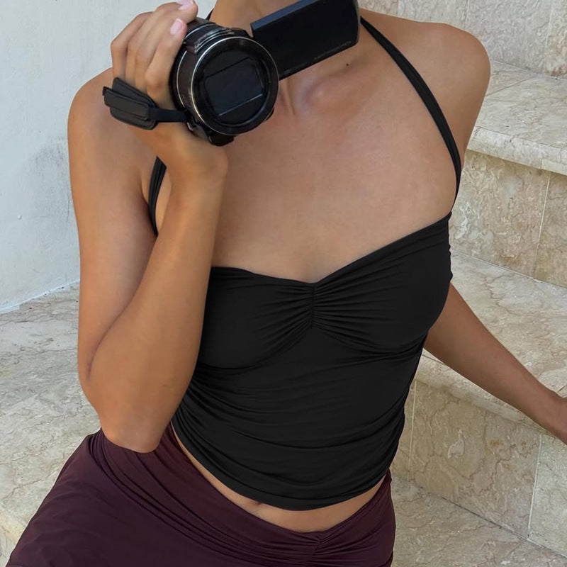 Women Sexy Tube Top off Neck Halter Tied Slim Fit Pleated Vest