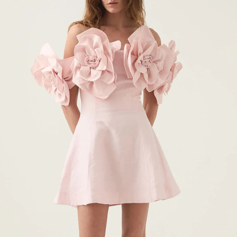 Elegant Socialite Dress Tube Top off Shoulder Three Dimensional Floral Special Interest Design Dress Women