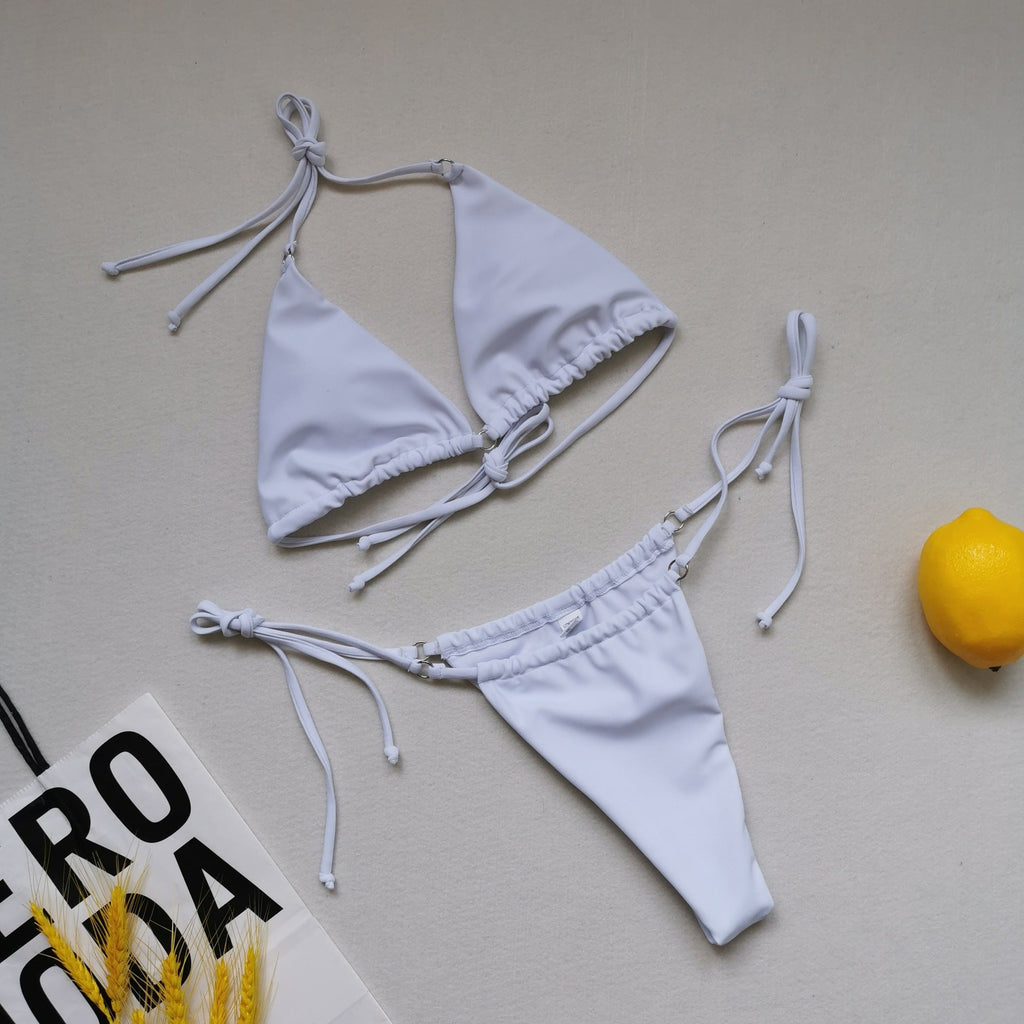 Sexy Triangle Soft Bag Drawstring Bikini Strap Backless Lace Up Swimsuit Women