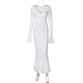 Women Clothing Winter V neck Long Sleeve Ruffled Slim Fit Hip Dress