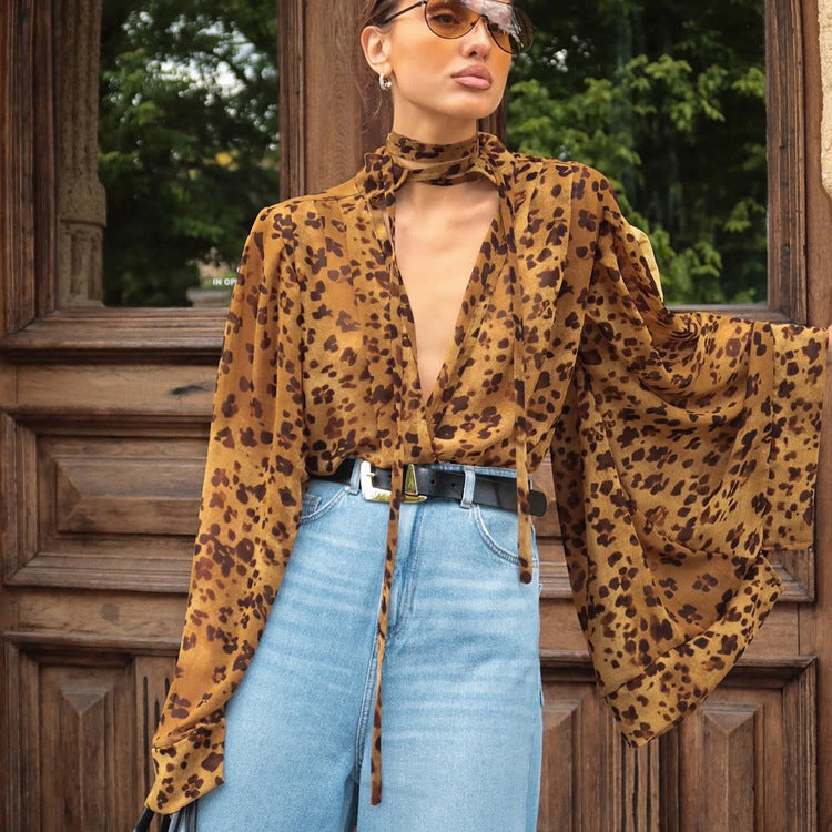 Spring Women Shirt Leopard Print Design Hollow Out Cutout out Stand up Collar Long Sleeved Top