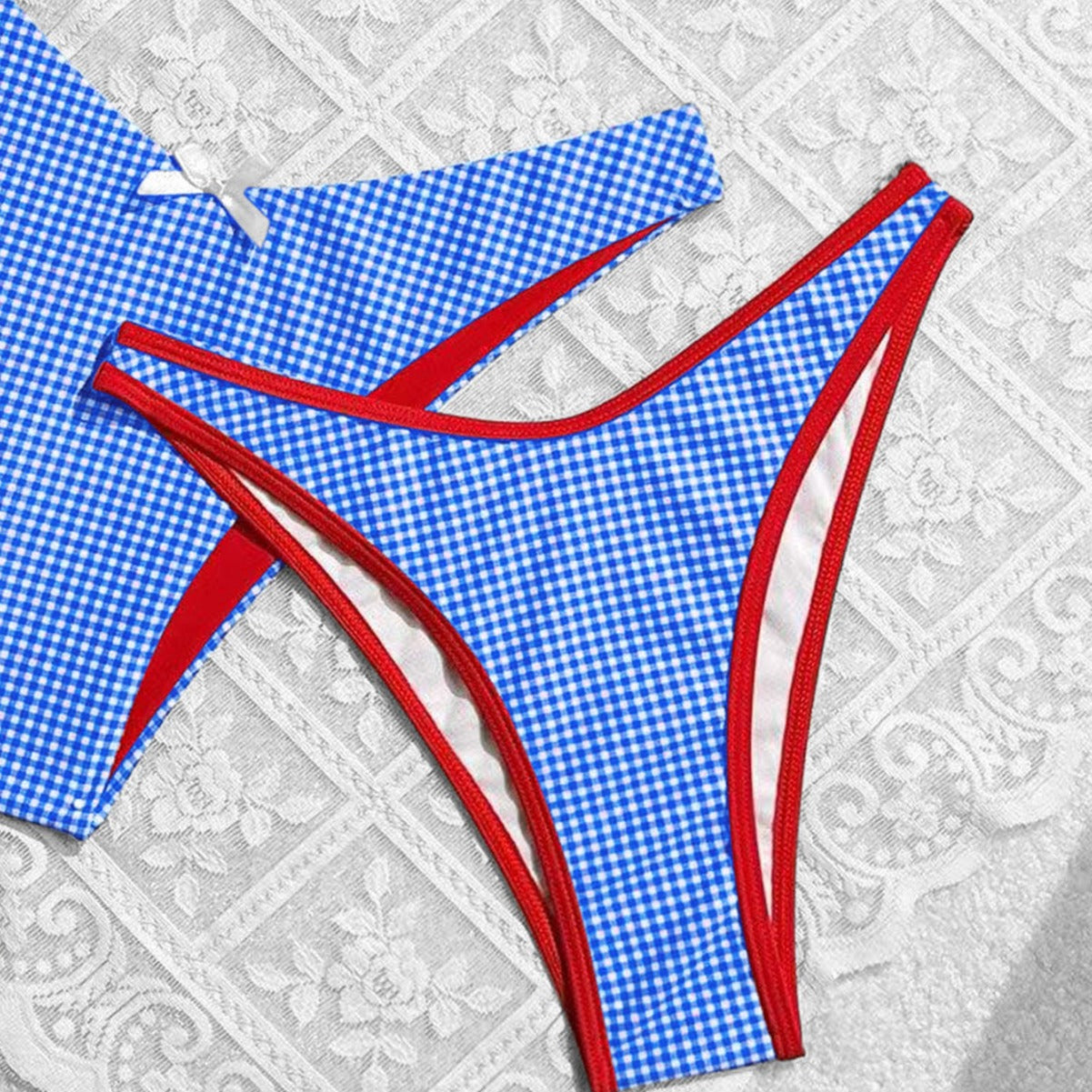 Summer Sweet Bow Floral Plaid Women Split Vacation Swimsuit Bikini