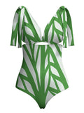 One Piece Swimsuit Women Color Striped Printing Hollow Out Cutout Deep V Plunge Covering Belly Thin Bikini