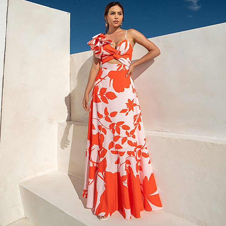 One Shoulder Ruffled Hollow Out Cutout Printed One Piece Swimsuit Women Skirt