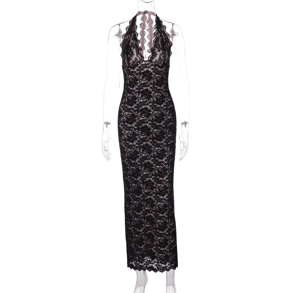 Women Clothing Summer Sexy V neck Lace Backless Slit Lace up Dress