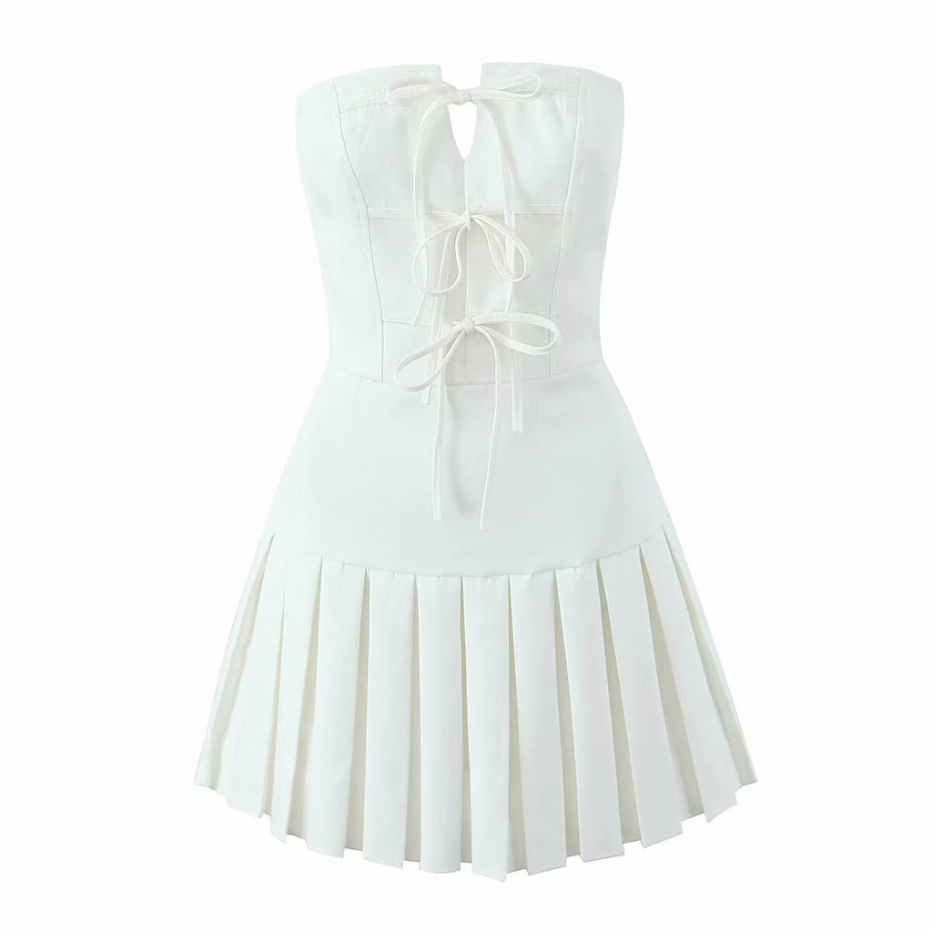 Women Graceful Bow Lace up Pleated Dress Tube Top Dress