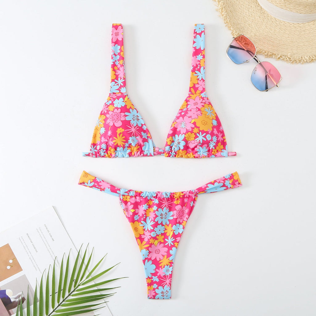 Swimsuit Women Printed Lace up Sexy Backless Split Swimsuit Floral Three Point Bikini