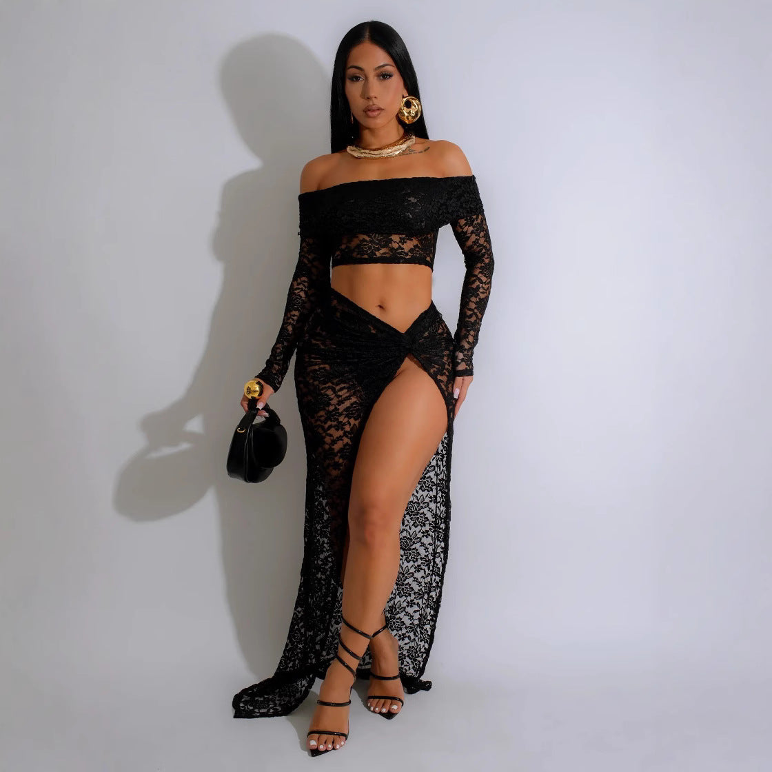 Sexy Tube Top Lace Suit Skirt Autumn Long Sleeve Pleated High Slit Women Skirt