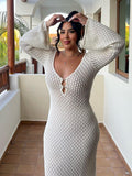 V neck Hollow Out Cutout Sexy Dress Knitted Tight Long Sleeve Autumn Winter Dress