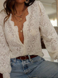 Women Casual Elegant Sleeve Solid Color V neck Lace Button Shirt Top