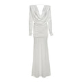 Fall Women Clothing Sexy Backless Swing Collar Slim Pleated Solid Color Long Sleeve Dress