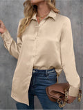 Elegant Satin Long Sleeved Shirt Spring Summer Solid Color Loose Faux Silk Shirt Long Sleeved Satin Top