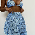 Summer Beach Bikini Sexy Snakeskin Pattern Mesh Trousers Three Piece Sets Swimsuit Women