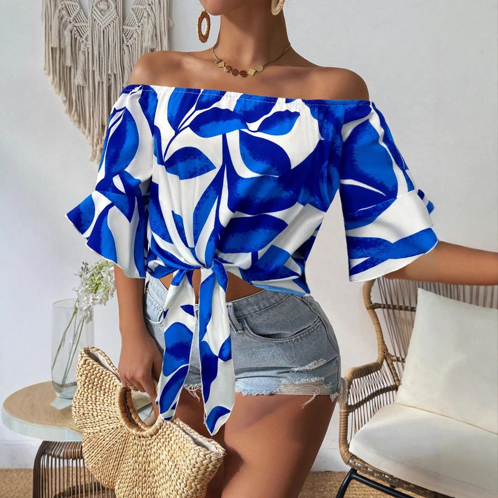Women Clothing Early Autumn Satin Shirt Printed off the Shoulder Red Loose Fitting Shirt