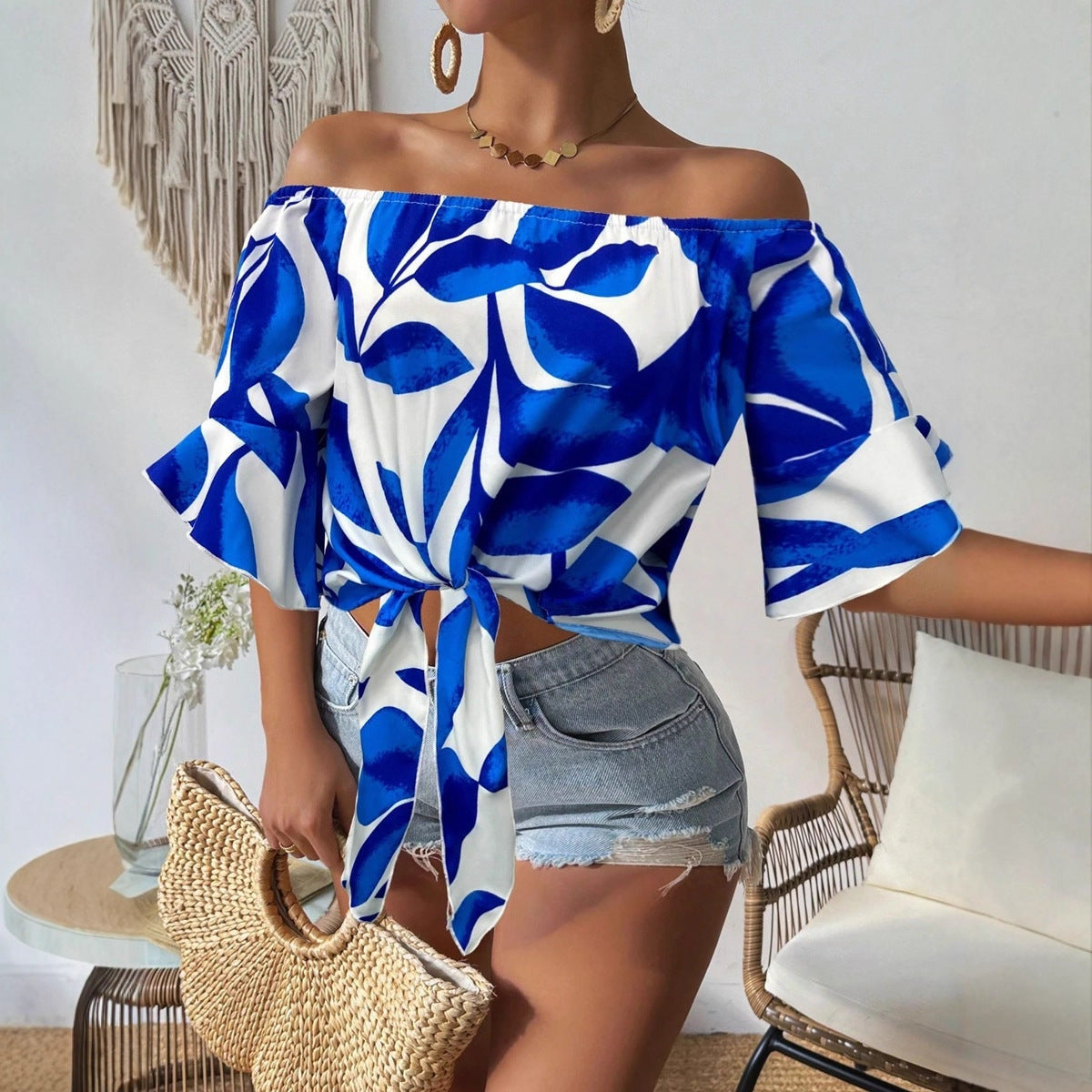 Women Clothing Early Autumn Satin Shirt Printed off the Shoulder Red Loose Fitting Shirt