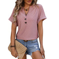 Spring Summer V neck Button Solid Color Polka Dot Loose Short Sleeve T shirt for Women