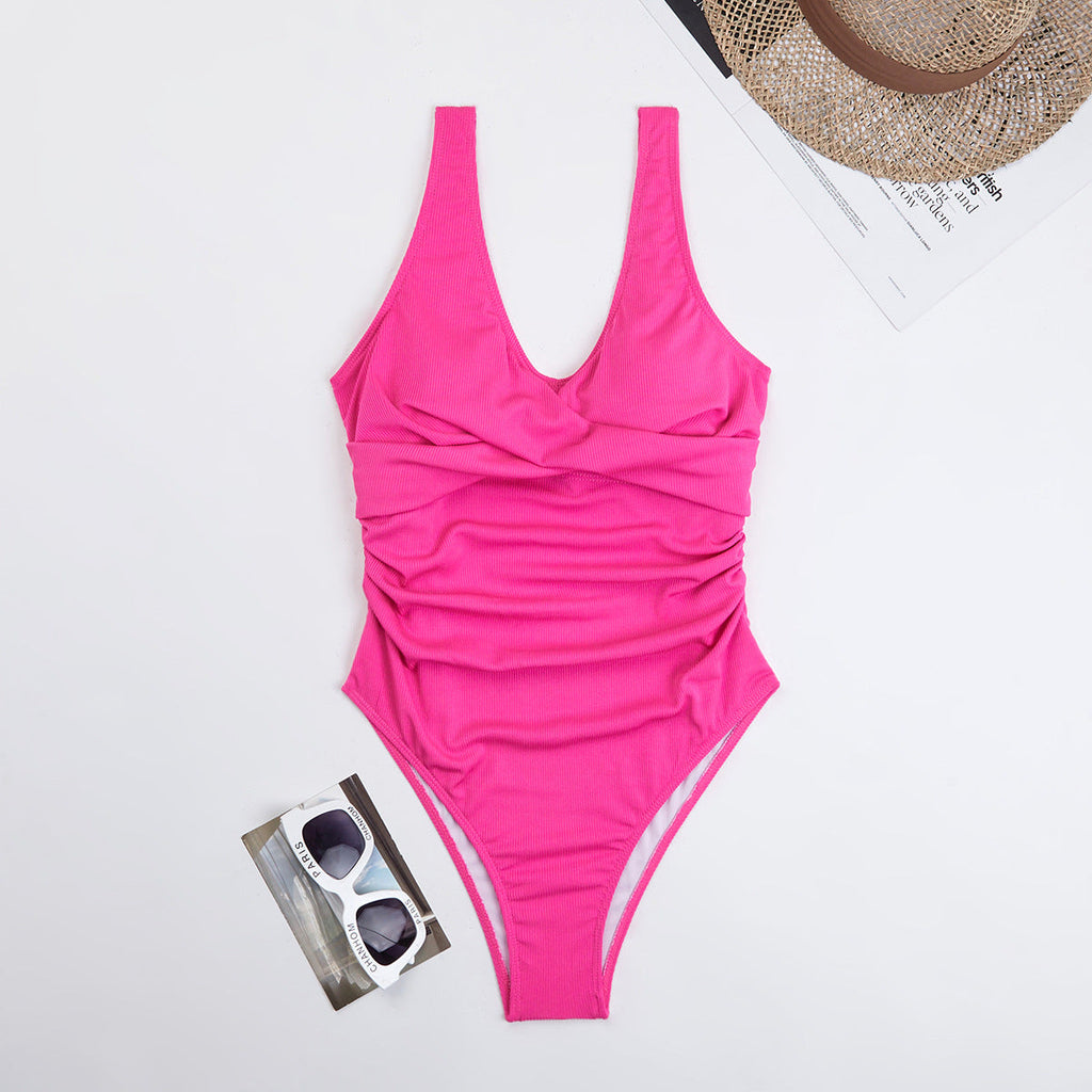 Swimsuit Women Triangle One Piece Solid Color Bikini Sports Conservative Swimsuit