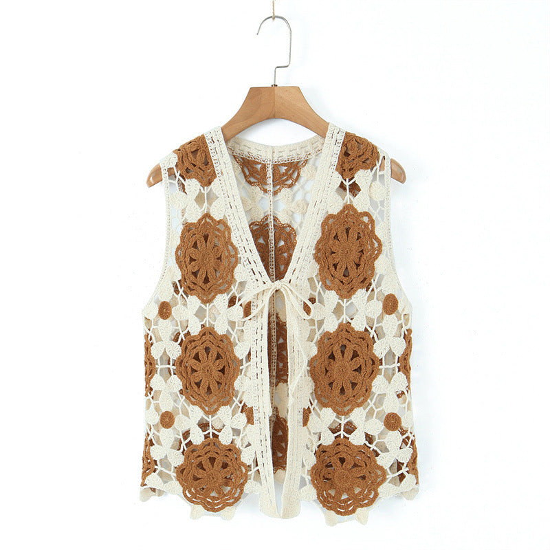 Spring Arrival Contrast Color Crocheted Top Comfort Casual Women Clothing Hong Kong Retro Hollow Out Cutout Design Vest