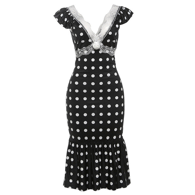 Women Clothing Autumn Elegance Retro V neck Slim Fit Sexy Backless Lace Polka Dot Dress Women