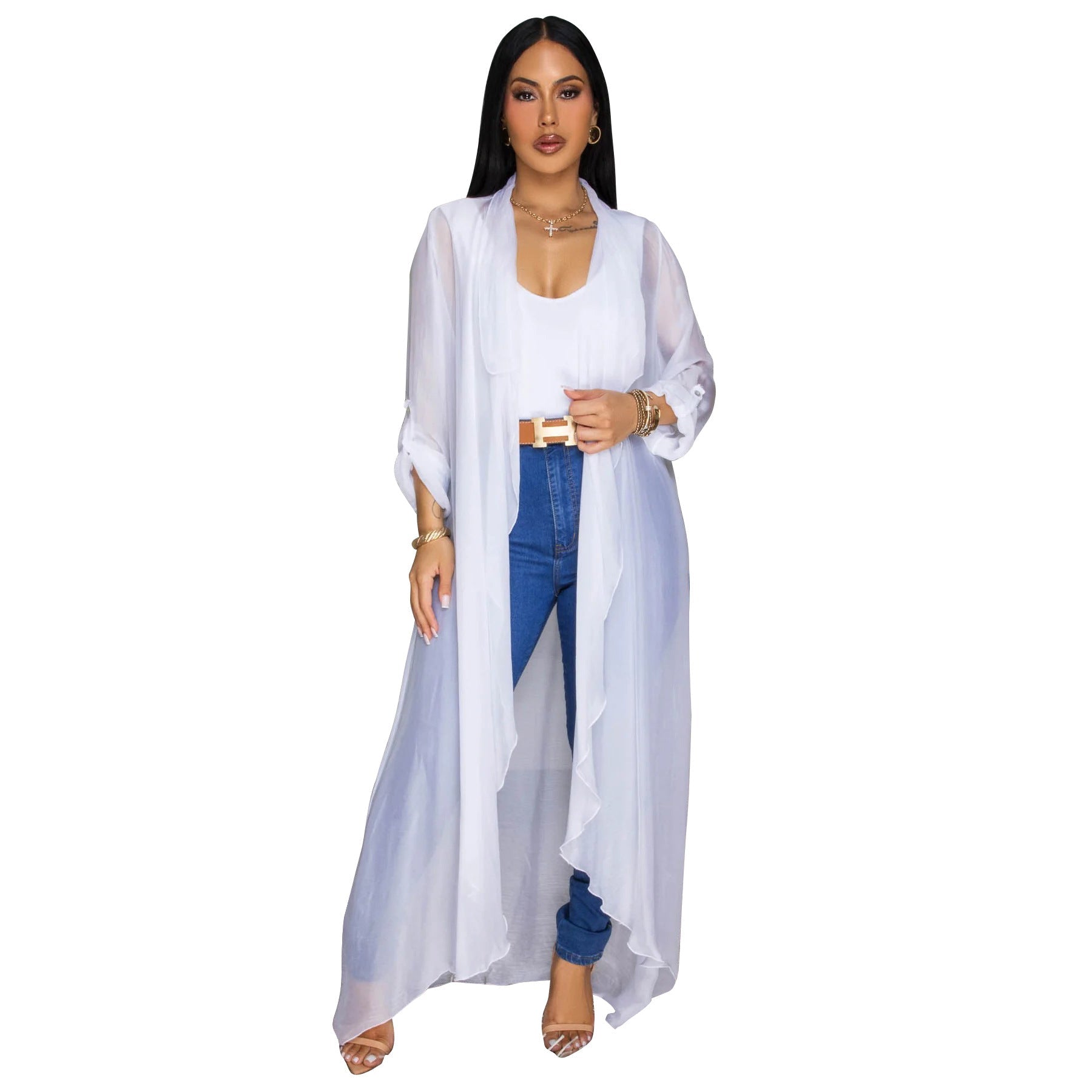 Europe Russia Women Casual Chiffon Shirt Long Cardigan Sunscreen Coat