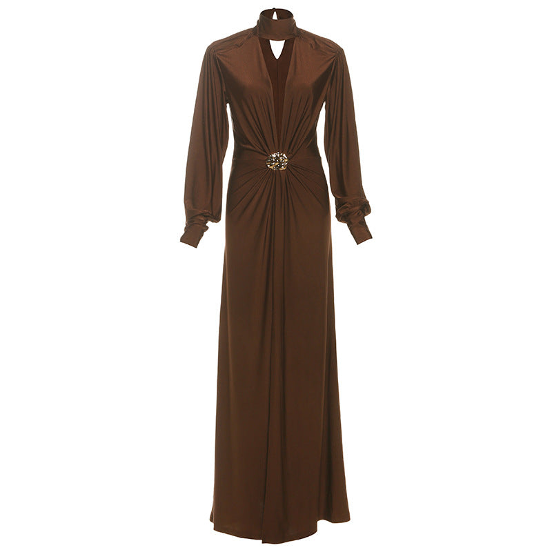 Fall Women Clothing Elegant Sexy Deep V Plunge neck Slim Fit Slit Long Sleeve Dress Women