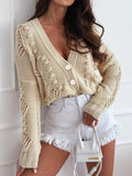 Autumn Winter Cardigan Long Sleeved Button Loose Crochet Hollow Out Cutout out Sweater Women
