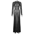 Autumn Women Clothing Sexy Mesh Backless Lace up Long Sleeve Super Maxi Dress for Women
