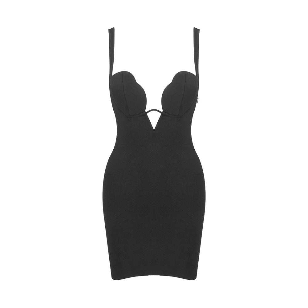 Sexy V neck Strap Zipper Furcal Lower Hem Dress Nightclub Black French Dress