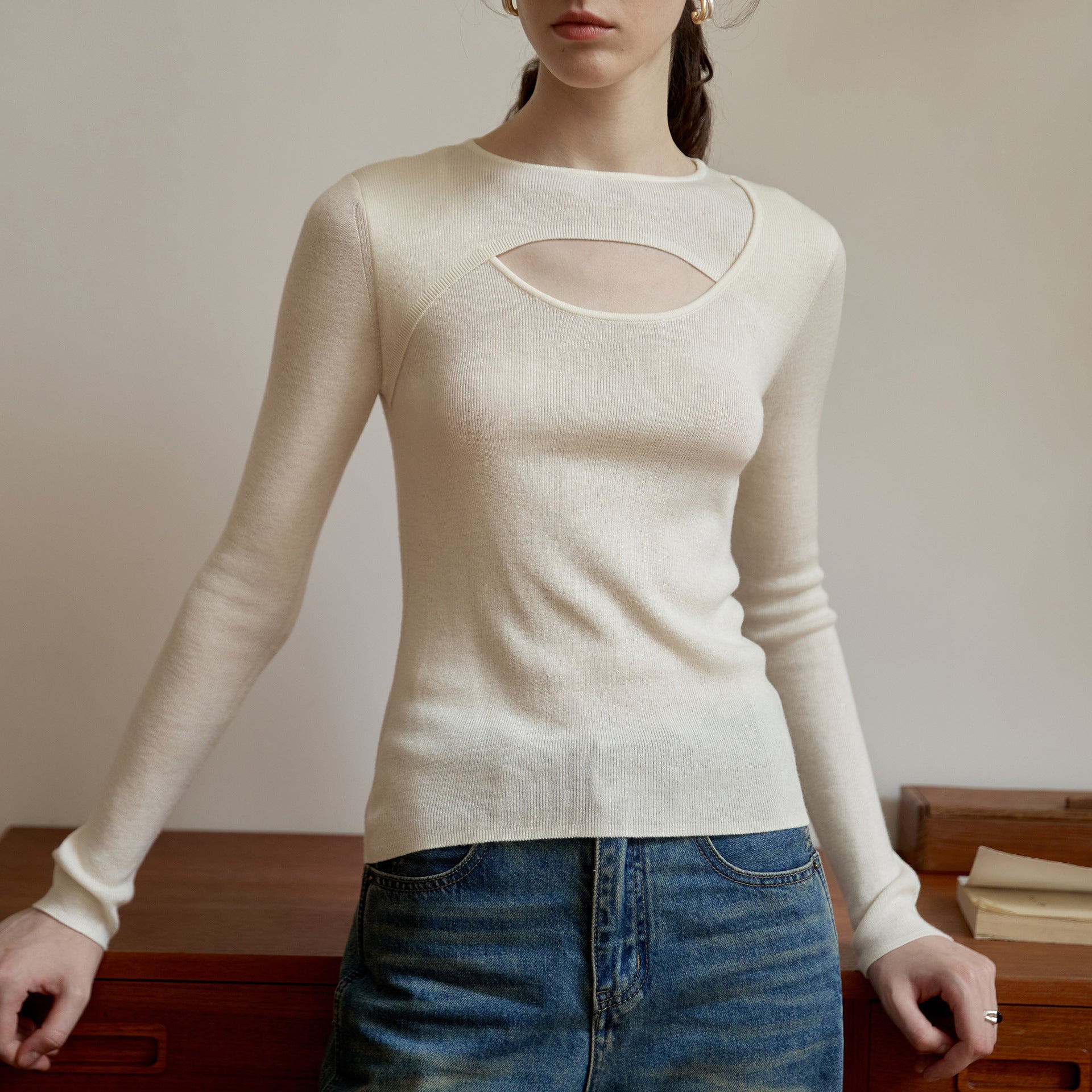 Wool Top Autumn Winter Design Slim Bottoming Shirt Gentle Long Sleeve Sweater Hollow Out Cutout Sweater