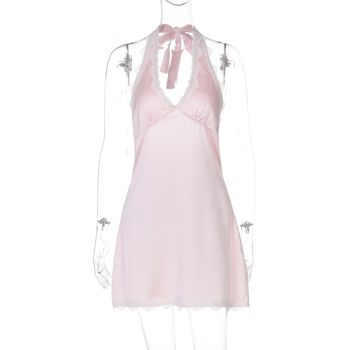 French Fashionable Women Clothing Sexy Hollow Out Cutout out Backless Deep V Plunge Stitching Lace Trim Short Halter Dress