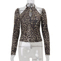 Women Clothing Autumn Sexy Vintage Leopard Print Halterneck Long Sleeved Sexy Top for Women