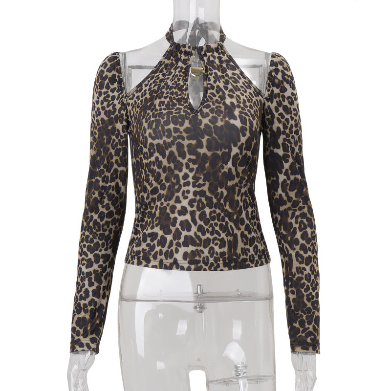 Women Clothing Autumn Sexy Vintage Leopard Print Halterneck Long Sleeved Sexy Top for Women
