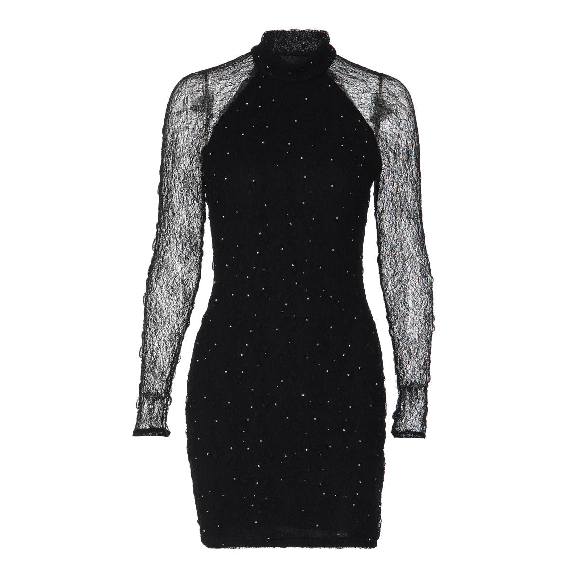Women Winter Sexy Slim Lace Rhinestone Sheath Long Sleeve Dress