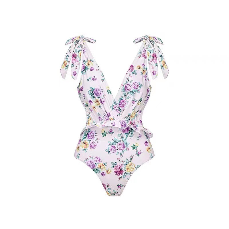 One Piece Swimsuit Women Skinny Slimming Retro Tied Swimsuit Suit Chiffon