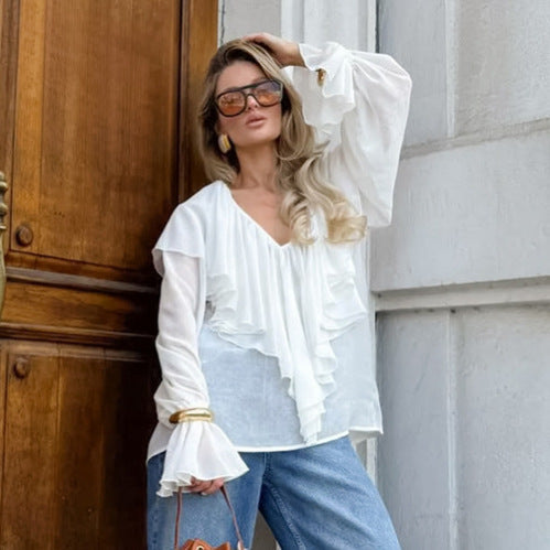 Autumn Texture V neck Flounce Flare Sleeve Blouse Women All Match White Chiffon Shirt