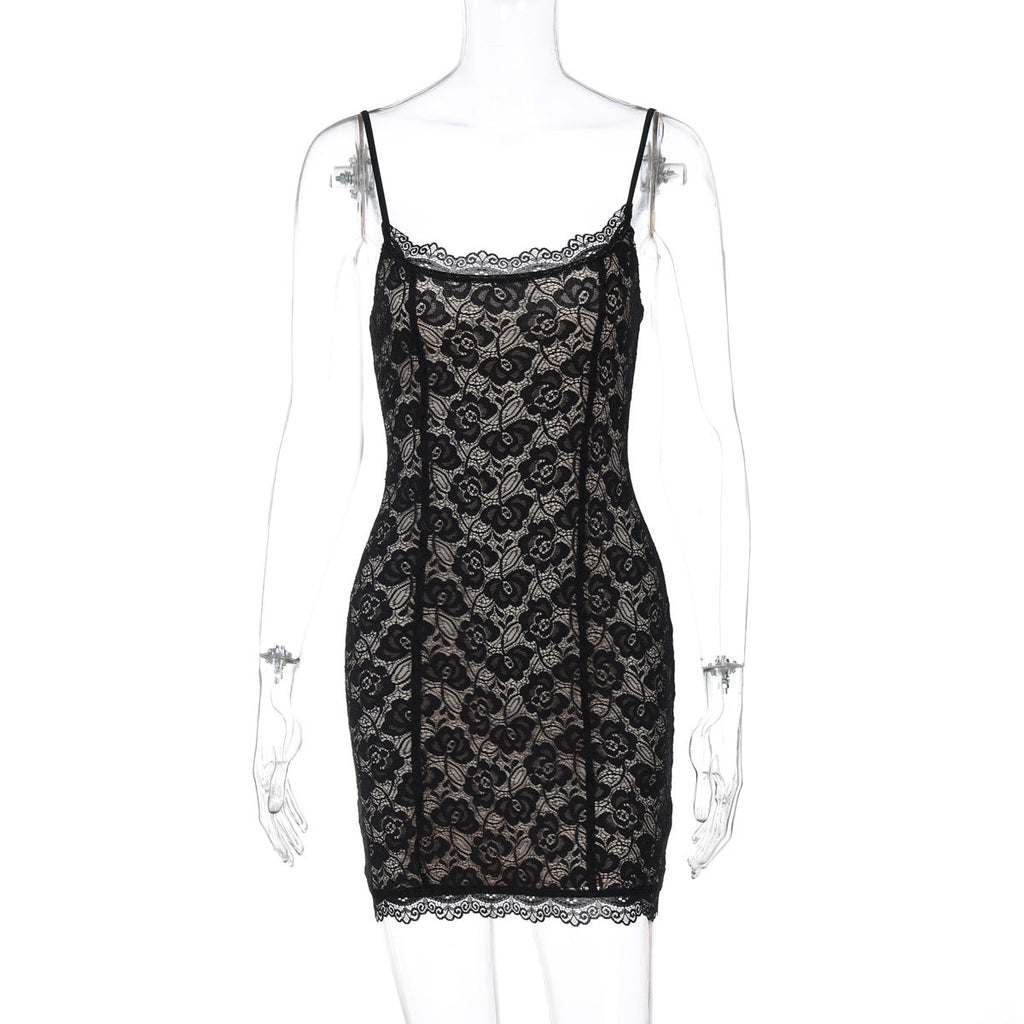 Women Clothing Summer Sexy Low Cut Cinched Sheath Lace Dress