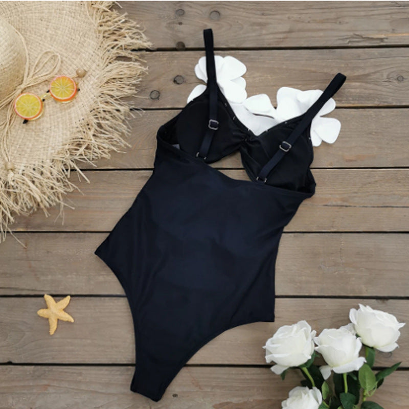 Solid Color Slim Fit Slimming Three Dimensional Floral Design One Piece Women Swimsuit