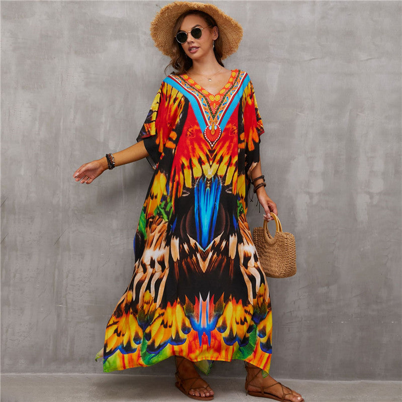 Rayon Positioning Printing Beach Cover Up V Neck Robe Vacation Skirt Bikini Cover