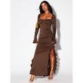 Arrival Pleated Ruffled Stitching High Slit Small Horn Long Sleeved Women Autumn Winter Dress