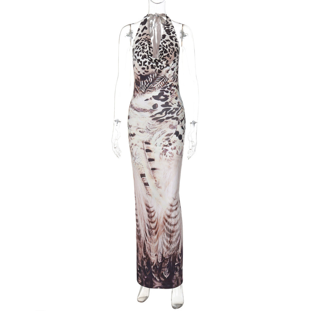 Women Clothing Autumn Printed Sexy Backless Slim Fit Lace up Dress