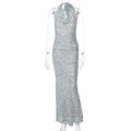 Women Arrival Sexy Sleeveless Deep V Plunge Halter Backless Sequ Dress Women