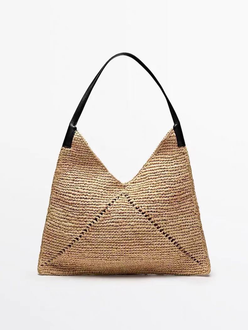 Shoulder Large Capacity Straw Bag Raffia Hollow Out Cutout Woven Bag Vacation Beach Bag Big Triangle Women Bag