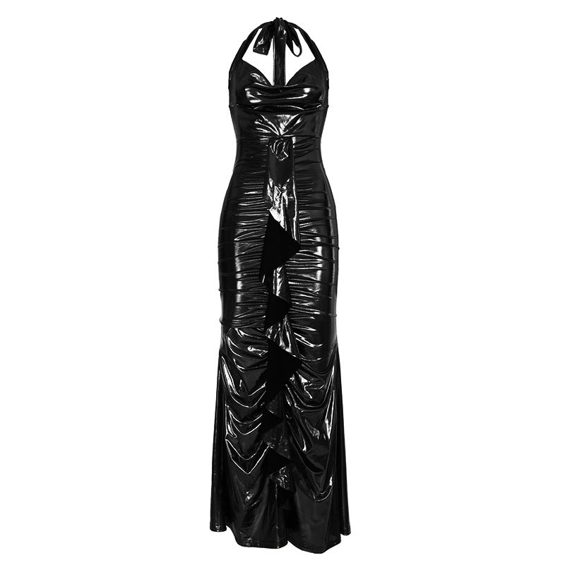 Sexy Dress Elegant Glossy Coating Backless Lace up Swing Collar Slim Fit Sheath Mop Dress