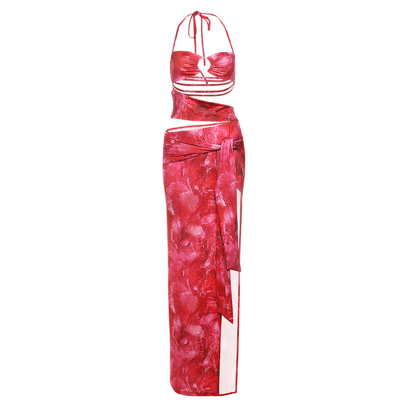 Spring Women Clothing Sexy Printed Halter Cut out Bandage High Slit Backless Dress