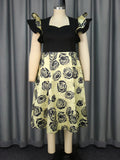 Square Collar Lotus Leaf Sleeve Dress High Waist Rose Jacquard a Swing Cocktail Dress
